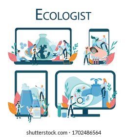 Ecologist online resource on differernt device set. Set of scientist taking care of ecology and environment. Air, soil and water protection. Professional ecological activist. Vector illustration