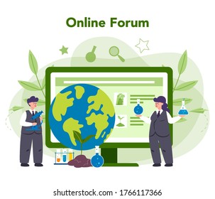 Ecologist online service or platform. Scientist taking care of ecology and environment. Online forum. Vector illustration