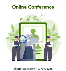 Ecologist online service or platform. Scientist taking care of ecology and environment. Online conference. Vector illustration