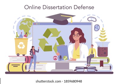 Ecologist online service or platform. Scientist taking care of nature and study ecological environment. Online dessertation defense. Vector illustration