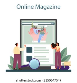 Ecologist Online Service Or Platform. Scientist Study Ecological Environment. Global Climate Conservation. Online Magazine. Flat Vector Illustration