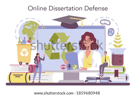Ecologist online service or platform. Scientist taking care of nature and study ecological environment. Online dessertation defense. Vector illustration