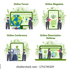 Ecologist online service or platform set. Scientist taking care of ecology and environment. Online forum, magazine, dessertation defense and conference. Vector illustration