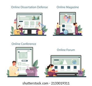 Ecologist online service or platform set. Scientist study ecological environment. Global climate conservation. Online forum, magazine, conference, dessertation defense. Flat vector illustration