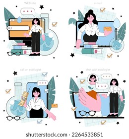 Servicio online ecológico o conjunto de plataformas. Científico cuidando de la naturaleza y estudiando el medio ambiente. Protección del aire, el suelo y el agua. Llamadas en línea, chat, correo electrónico, sitio web. Ilustración vectorial plana