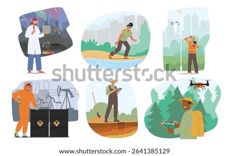 Ecologist scientist characters care for nature environment introducing alternative energy sources checking ground and water degradation due to oil production, factory work cartoon vector illustration