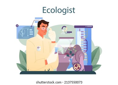 Ecologist. Scientist taking care of nature and study ecological environment. Air, soil and water protection and global climate conservation. Flat vector illustration