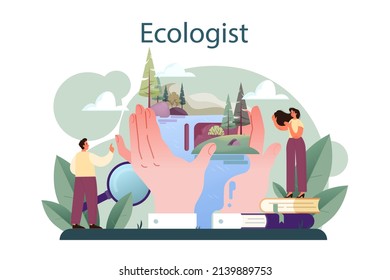 Ecologist. Scientist Taking Care Of Nature And Study Ecological Environment. Air, Soil And Water Protection And Global Climate Conservation. Flat Vector Illustration