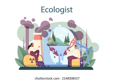 Ecologist. Scientist taking care of nature and study ecological environment. Air, soil and water protection and global climate conservation. Flat vector illustration