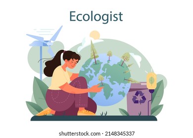 Ecologist. Scientist Taking Care Of Nature And Study Ecological Environment. Air, Soil And Water Protection And Global Climate Conservation. Flat Vector Illustration