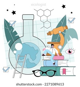 Ecologista. Científico cuidando de la naturaleza y estudiando el medio ambiente. Protección del aire, el suelo y el agua y conservación del clima mundial. Ilustración vectorial plana