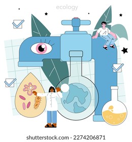 Ecologist. Scientist taking care of nature and study the environment. Air, soil and water protection and global climate conservation. Flat vector illustration