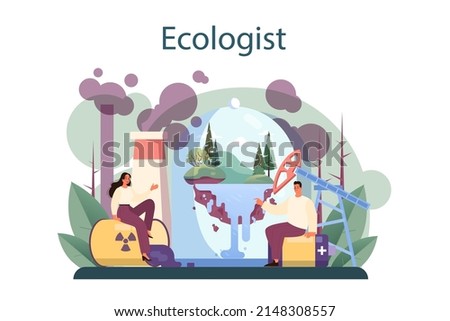 Ecologist. Scientist taking care of nature and study ecological environment. Air, soil and water protection and global climate conservation. Flat vector illustration