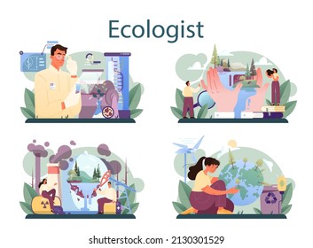 Ecologist set. Scientist taking care of nature and study ecological environment. Air, soil and water protection and global climate conservation. Flat vector illustration