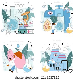 Ecologist set. Scientist taking care of nature and study the environment. Air, soil and water protection and global climate conservation. Flat vector illustration