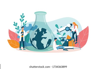 Ecologist taking care of Earth and nature concept. Scientist taking care of ecology and environment. Air, soil and water protection. Professional ecological activist. Vector illustration