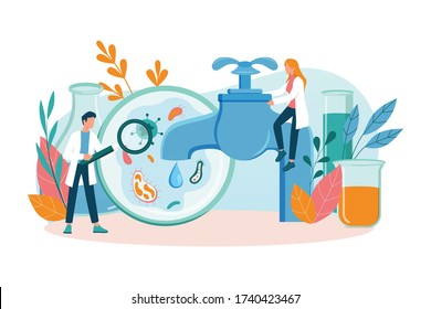 Ecologist taking care of Earth and nature concept. Scientist taking care of ecology and environment. Air, soil and water protection. Professional ecological activist. Vector illustration