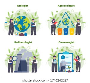 Ecologist taking care of Earth and nature concept. Set of scientist taking care of ecology and environment. Air, soil and water protection. Professional ecological activist. Vector illustration