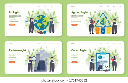 Ecologist taking care of Earth and nature web banner or landing page set. Scientist taking care of ecology and environment. Air, soil and water protection. Vector illustration