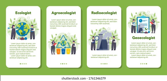 Ecologist taking care of Earth and nature mobile application banner set. Scientist taking care of ecology and environment. Air, soil and water protection. Vector illustration