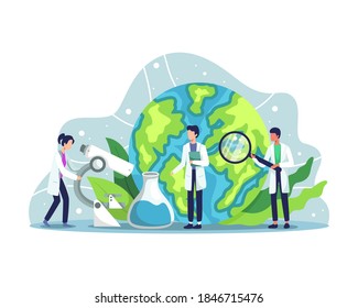 Ecologist taking care of Earth and nature. Scientist taking care of nature and study ecological environment. Ecological activist for the protection of Air, Soil and Water. Vector illustration in a flat style