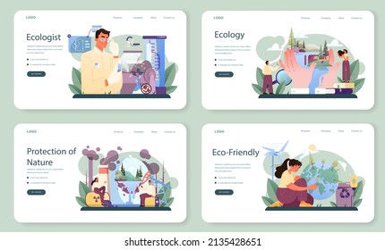 Ecologist web banner or landing page set. Scientist taking care of nature and study ecological environment. Air, soil and water protection and global climate conservation. Flat vector illustration