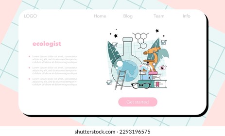 Ecologist web banner or landing page. Scientist taking care of nature and study the environment. Air, soil and water protection and global climate conservation. Flat vector illustration