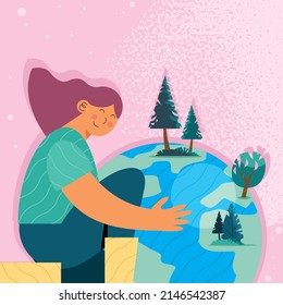 ecologist woman hugging earth character