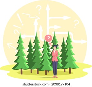 Ecologist woman or student thinking about environmental protection and forest conservation. Person thinks about solving problem and disappearance of trees from planet, makes important decision