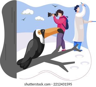 Ecologists scientists conduct research, take care of Earth and nature. Researcher study flora fauna and environment. Air, soil and water protection. Professional ecological activist photographing bird