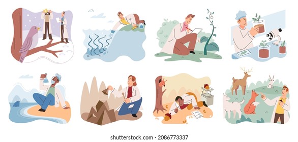 Ecologists scientists taking care of Earth and nature metaphor. Researchers study flora and fauna, animals and environment. Air, soil and water protection. Professional ecological activist scenes set