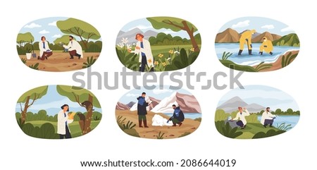 Ecologists scientists taking care of Earth and nature concept. Researchers taking care of ecology and environment. Air, soil and water protection. Professional ecological activist scenes set