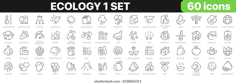 Ecology 1 set line icons collection. Environment, fruits, energy, nature, vegetables, animals, recycling icons. UI icon set. Thin outline icons pack. Vector illustration EPS10