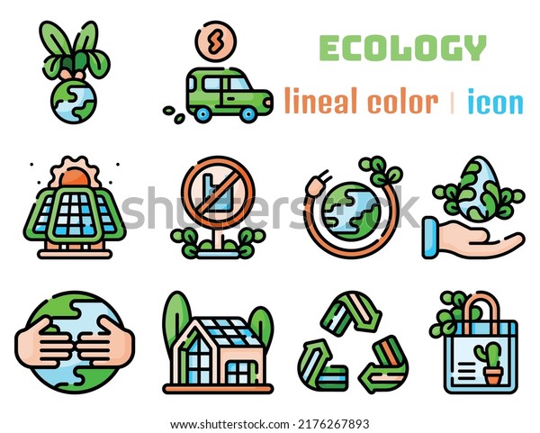 Ecology. 10 icon set
are lineal color
style.