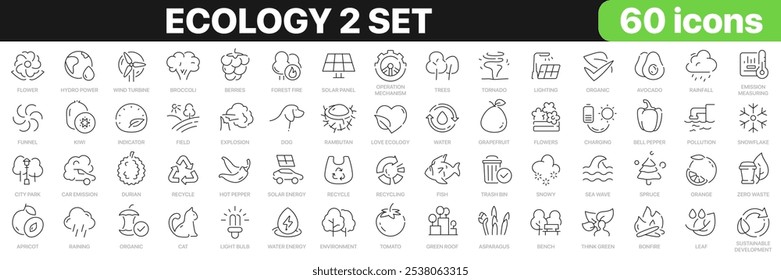 Ecology 2 set line icons collection. Environment, fruits, energy, nature, vegetables, animals, recycling icons. UI icon set. Thin outline icons pack. Vector illustration EPS10