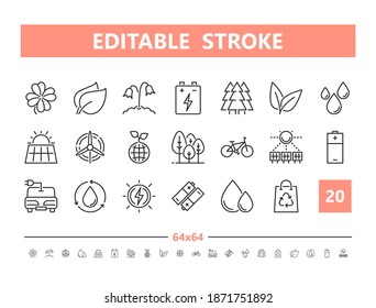 Ecology 20 line icons. Vector illustration in line style. Editable Stroke, 64x64, 256x256, Pixel Perfect.
