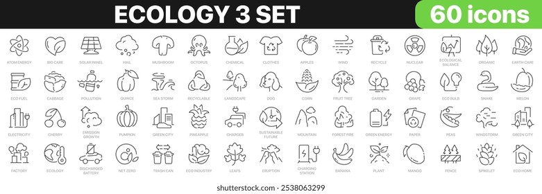 Ecology 3 set line icons collection. Environment, fruits, energy, nature, vegetables, animals, recycling icons. UI icon set. Thin outline icons pack. Vector illustration EPS10