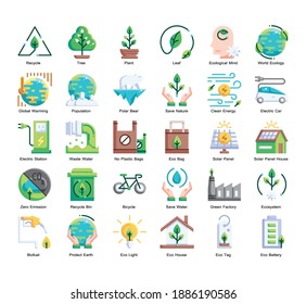 Ecology 30 Color Flat outline icons set. Icon design for UX, UI, web, app, brochure, flyer, presentation design, etc. vector and illustration.