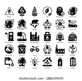 Ecology 30 Glyph Solid icons set. Icon design for UX, UI, web, app, brochure, flyer, presentation design, etc. vector and illustration.