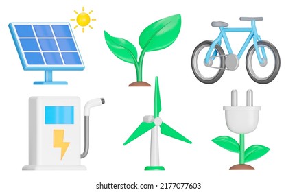 Ecology 3d icon set. Green industry. Environmentally-friendly, renewable energy. Isolated objects on a transparent background