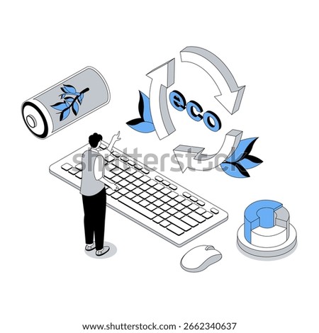 Ecology 3d isometric concept with isometry people design for web. Man using green clean electricity and alternative power resource, rechargeable battery and renewable resource. Vector illustration