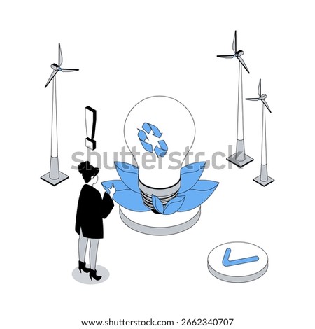 Ecology 3d isometric concept with isometry people design for web. Woman using eco friendly light bulbs, clean electricity and alternative power resource from wind turbines. Vector illustration