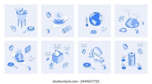 Ecology 3d isometric concept set with isometric icons design for web. Collection of waste management, recycling technology, climate changing, eco friendly factory, green energy. Vector illustration