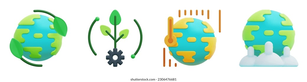 Ecología 3d conjunto de iconos vectoriales. Ecología mundial, ecosistema, calentamiento global, población. Aislado sobre fondo blanco. Ilustración del vector de icono 3d.