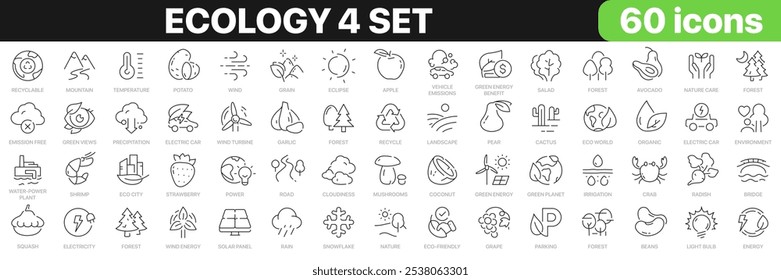 Ecology 4 set line icons collection. Environment, fruits, energy, nature, vegetables, animals, recycling icons. UI icon set. Thin outline icons pack. Vector illustration EPS10