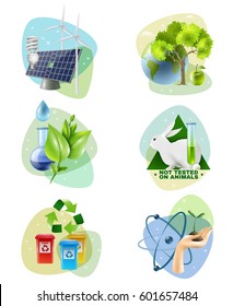 Ecology 6 Icons Set With Clean Green Energy Generators Recycling And Ban On Animal Testing Isolated Vector Illustration 