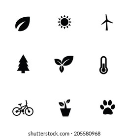 ecology 9 icons set, isolated, black on white background