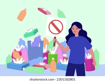 Ecology activist with placard banning plastic and wet wipes. Woman with stop sign, ban on plastic waste in England due to water pollution vector illustration. Environment, ecology concept