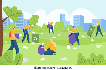 Ecology activist volunteer group people collecting plastic garbage from city outdoor garden park flat vector illustration.