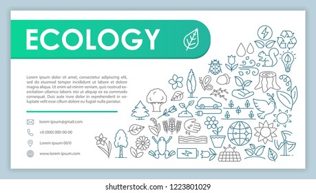 Ecology advertising web banner vector template. Environment protection. Save planet. Website contact page. Business card layout with linear illustrations. Webpage template. Print design idea